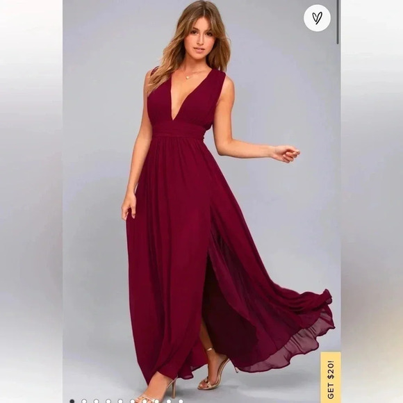 Lulu's burgundy plunging neckline side slit holiday maxi dress size XS - Picture 2 of 15